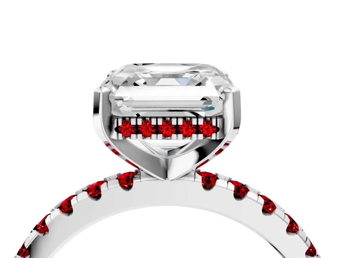 Asscher Cut Diamond Solitaire Ring with Round Ruby Pavé Band and Four-Prong Setting Platinum