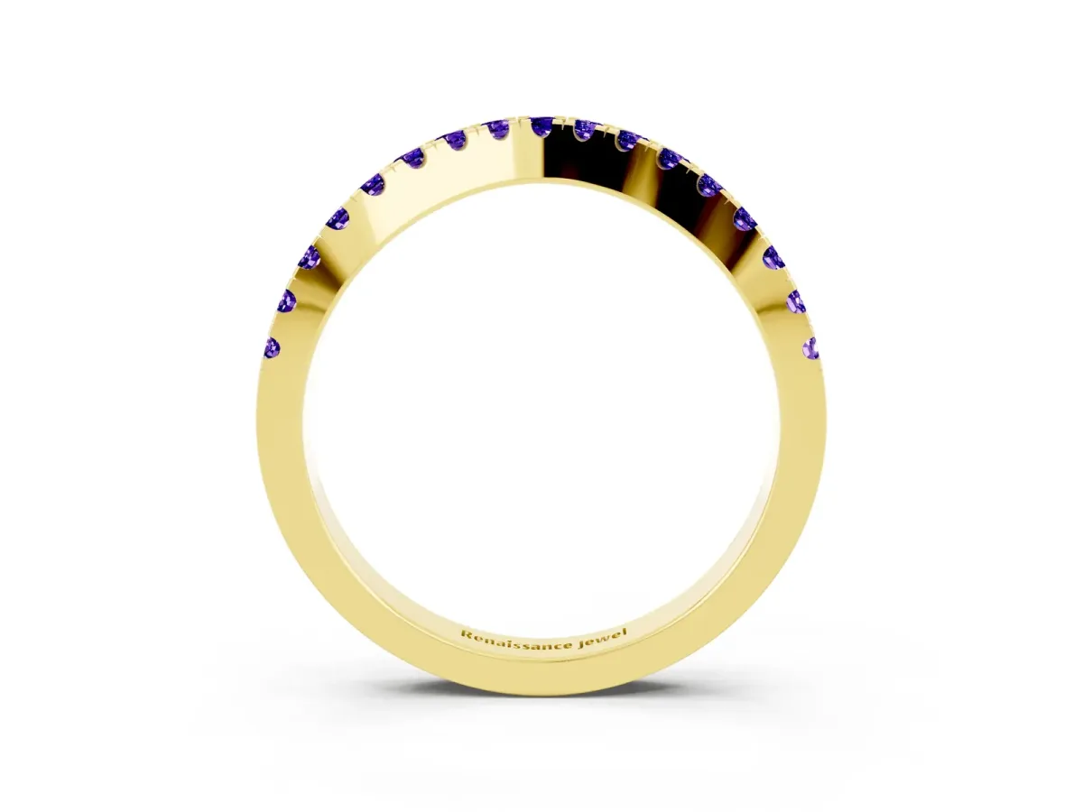 Round Tanzanite Pavé Curved Band with Shared Prong Setting Yellow gold