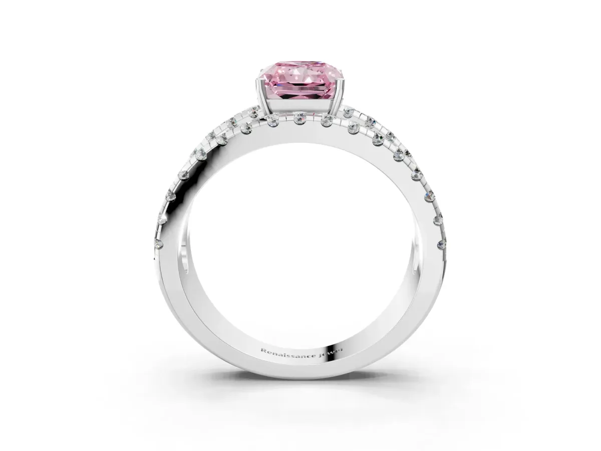 Fancy Pink Radiant Cut Solitaire Split Shank Pave Diamond Ring Platinum