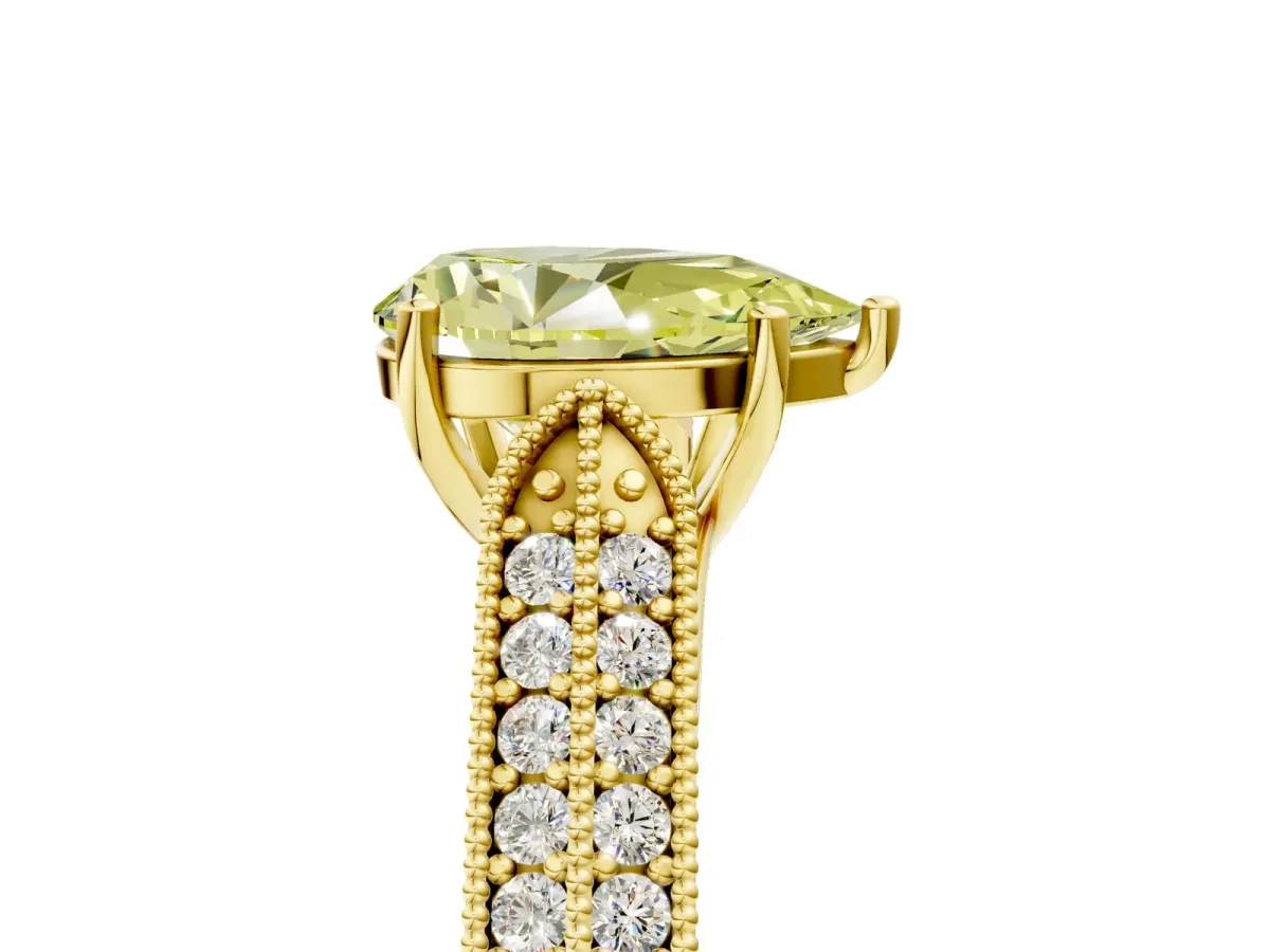 Fancy Yellow Pear Cut Cut Pave Split Shank Engagement Ring with Four-Prong Setting Yellow gold