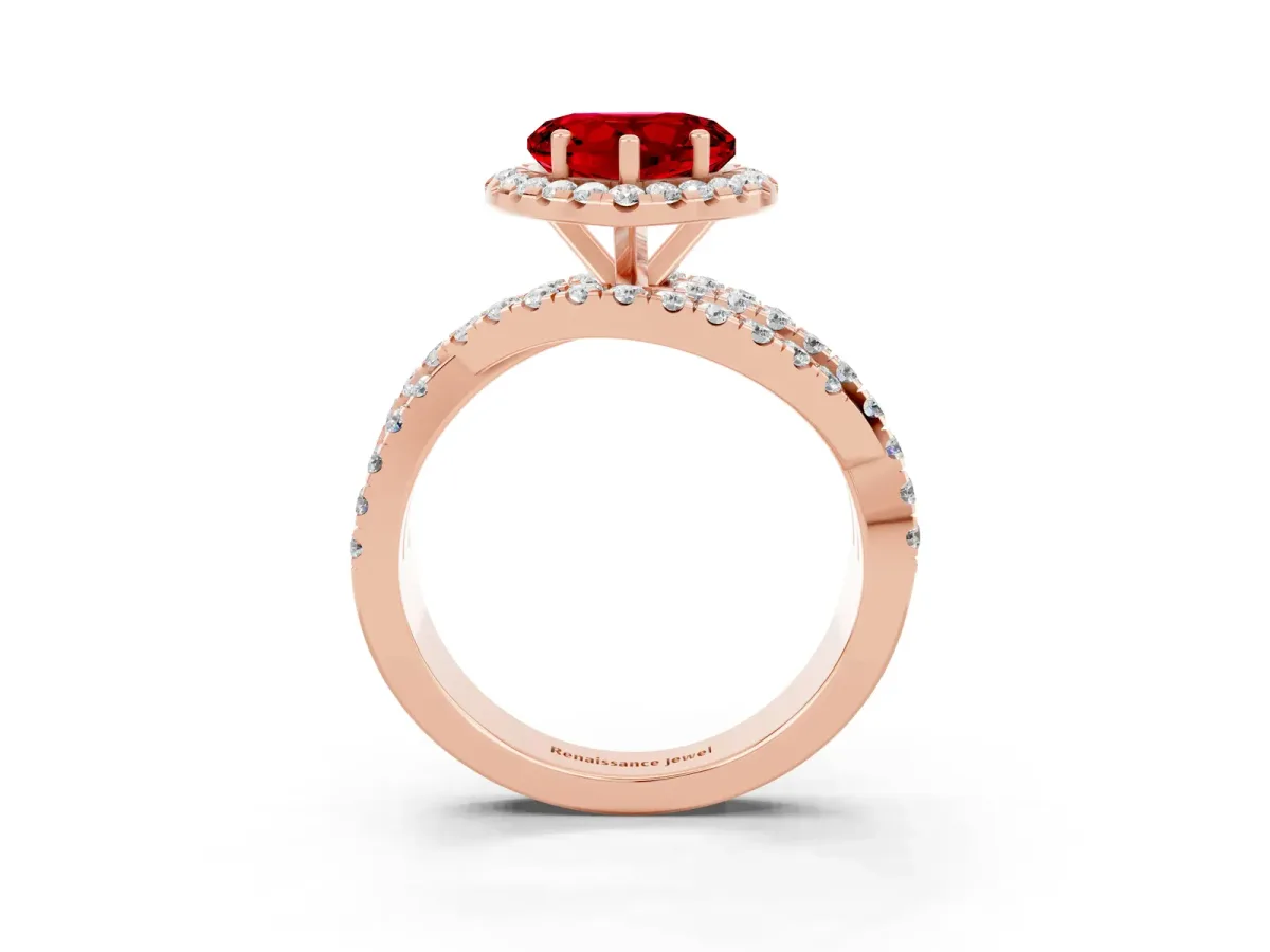 Heart Cut Ruby Halo Ring with Round Split Shank and Prong Setting Rose gold