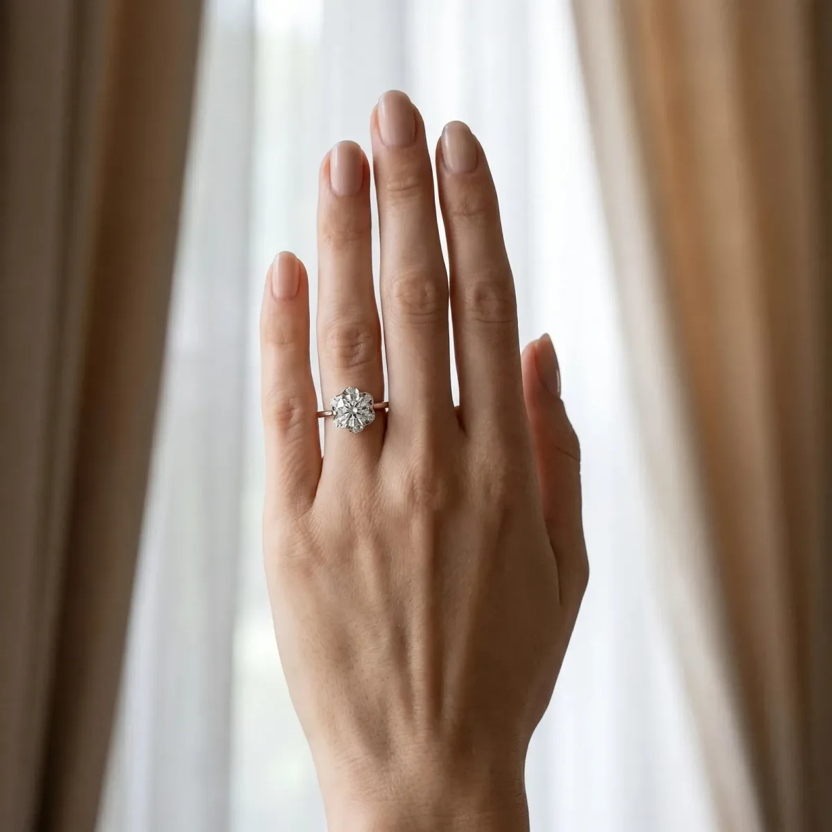 Round Cut Brilliant Halo Solitaire Ring with Scalloped Prong Setting Platinum