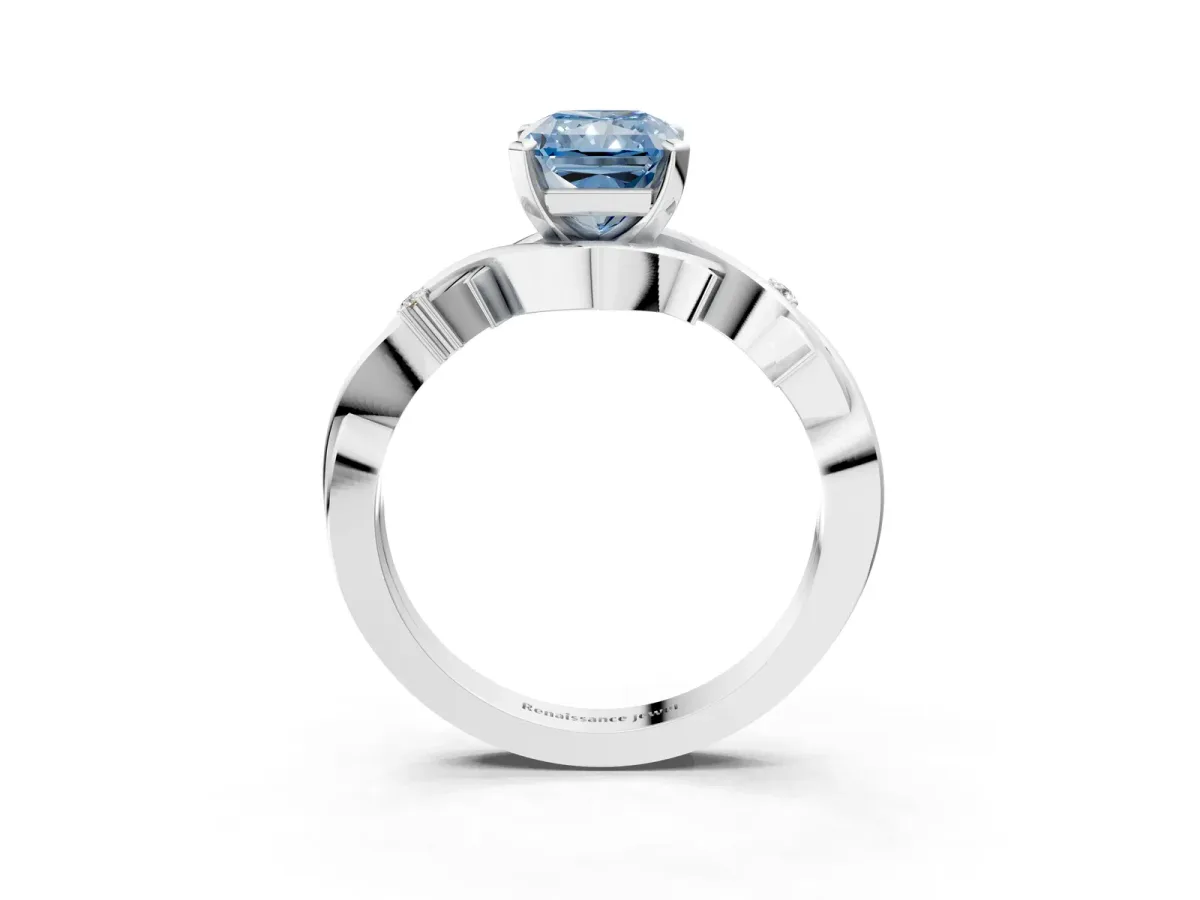 Fancy Blue Radiant Cut Diamond Solitaire Ring with Twisted Band and Prong Setting Platinum