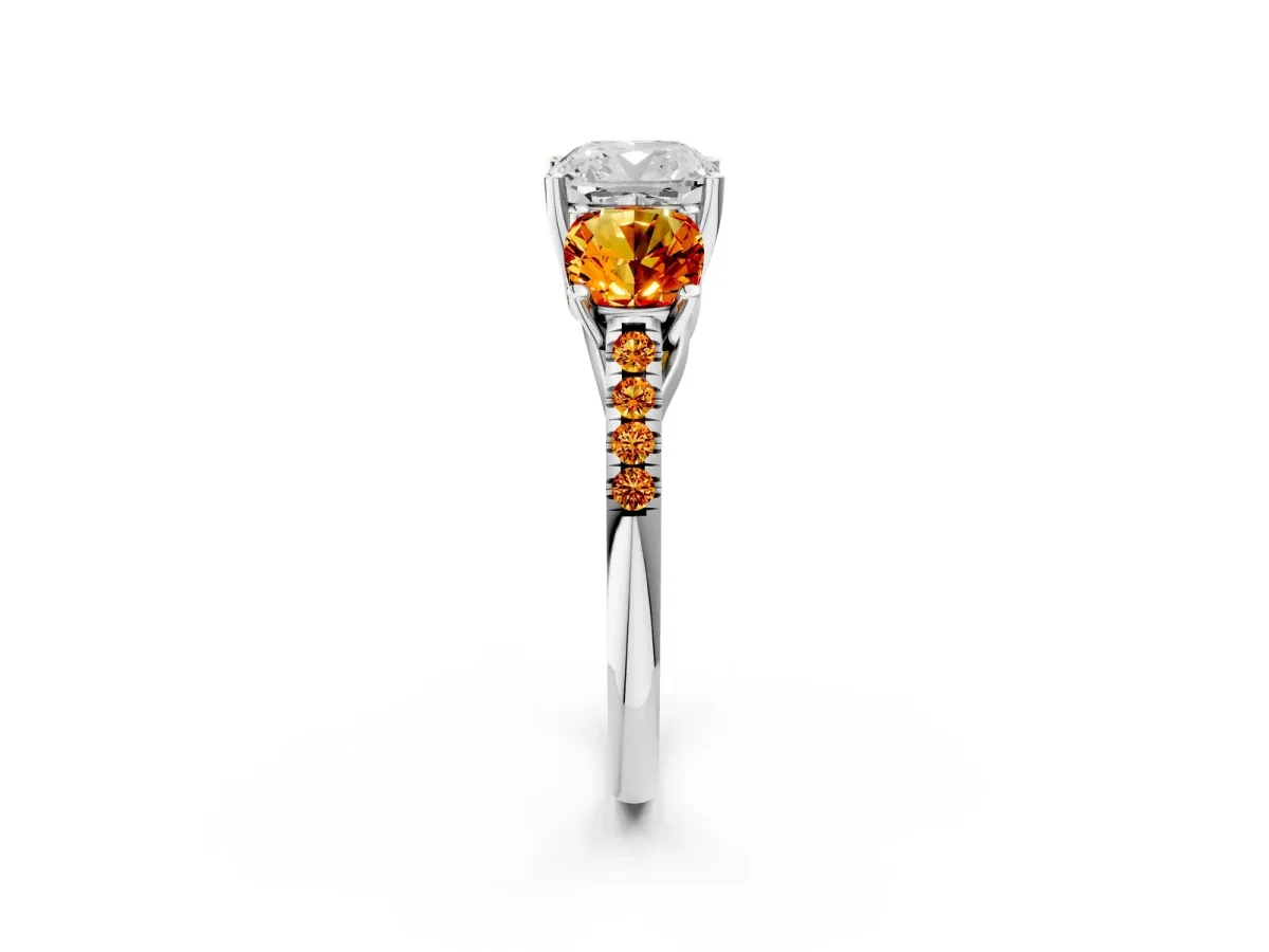 Three-Stone Cushion Cut Diamond Ring with Round Citrine Pavé Band and Prong Setting Silver