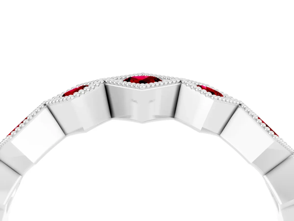 Milgrain Square Bezel Round Ruby Chevron Band Silver