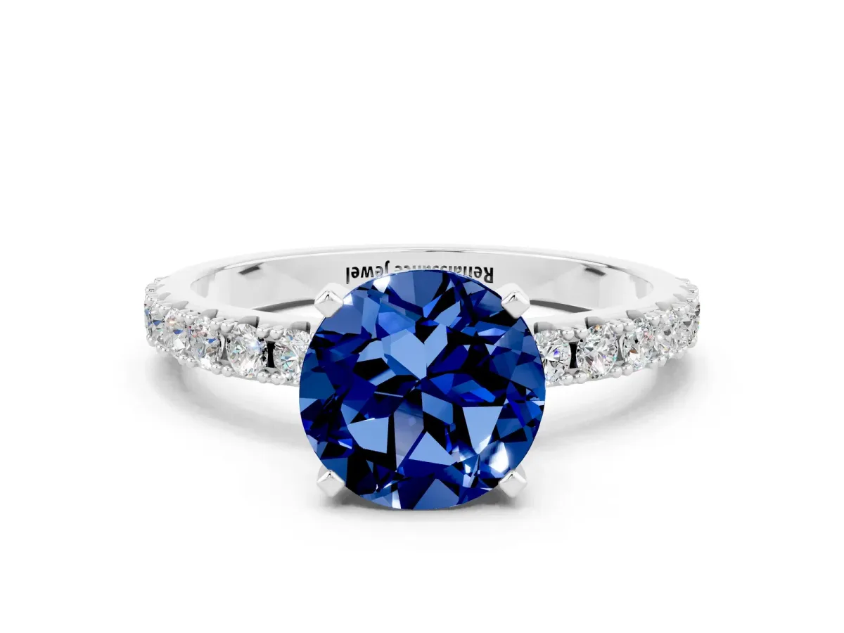 Round Cut Blue Sapphire Solitaire Pavé Band with Four-Prong Setting Platinum