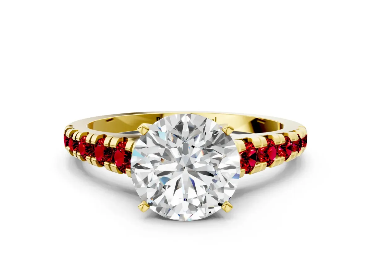 Round Cut Diamond Cathedral Solitaire Ring with Round Ruby Pavé Band Yellow gold