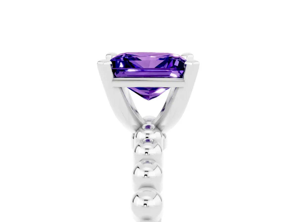 Princess Cut Tanzanite Solitaire Ring with Beaded Band and Prong Setting Platinum