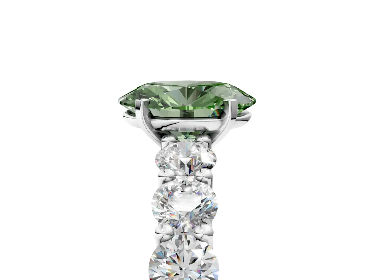 Fancy Green Oval Cut Diamond Prong Setting with Side Stones on a Pave Band Silver