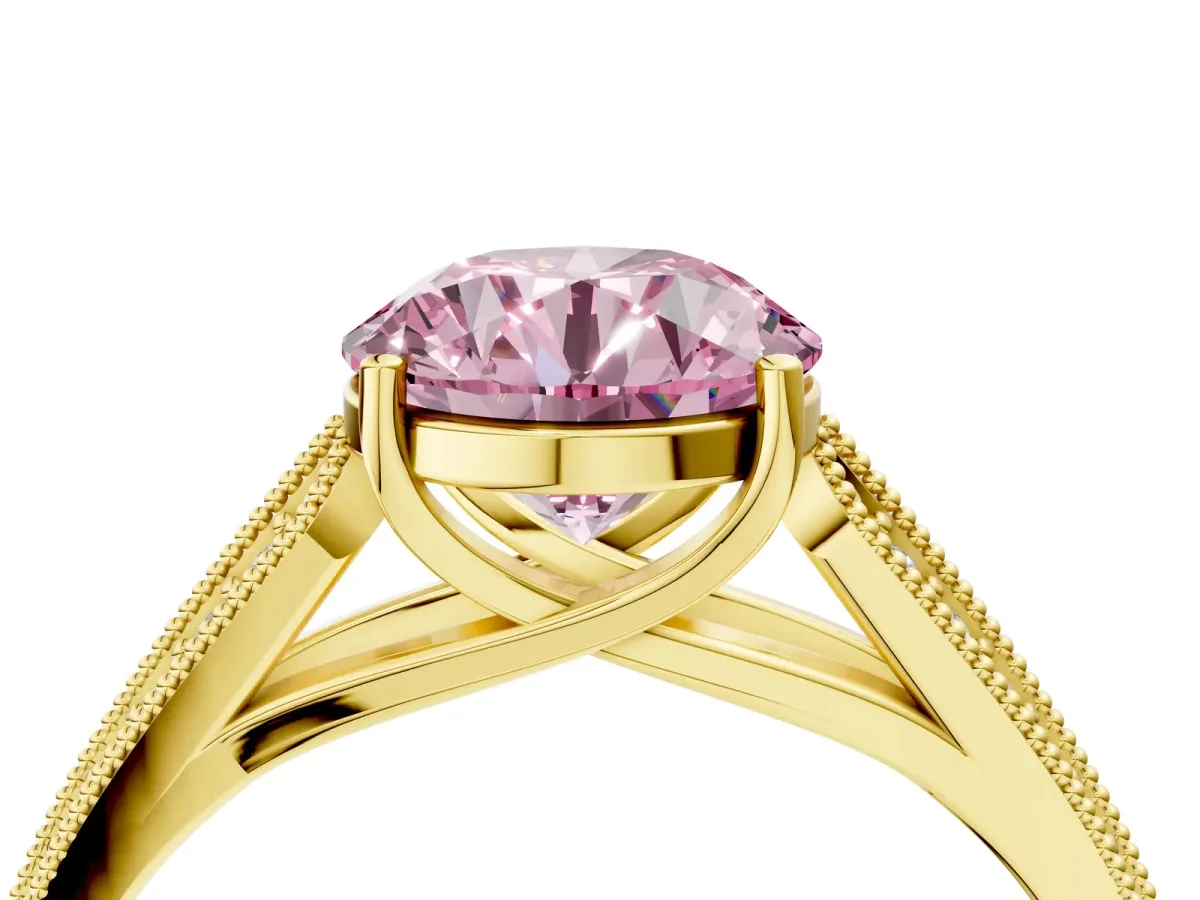 Fancy Pink Round Cut Cut Pave Split Shank Engagement Ring with Four-Prong Setting Yellow gold