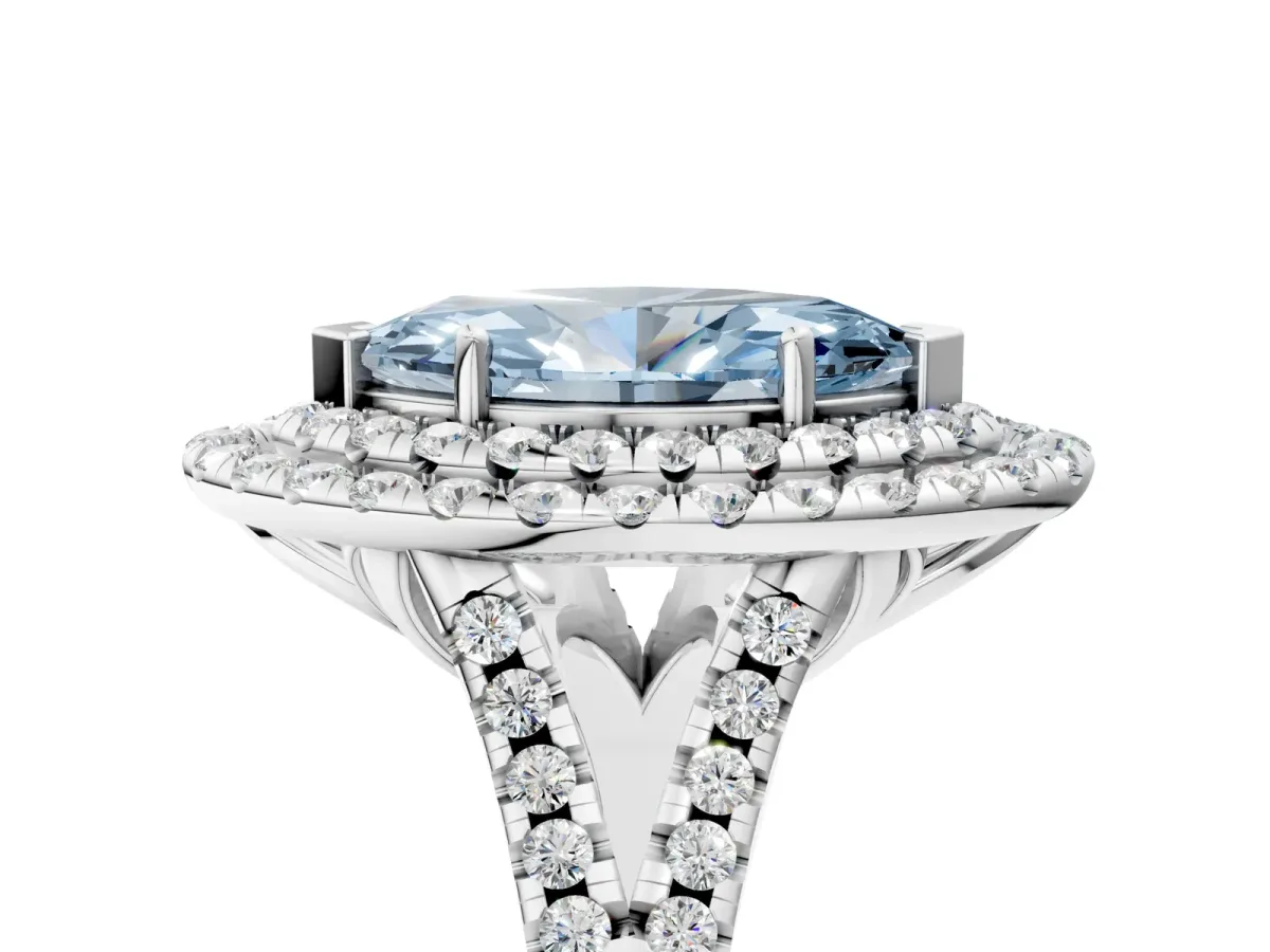 Fancy Blue Double Halo Marquise Cut Diamond Pavé Split Shank Ring with Prong Setting Silver