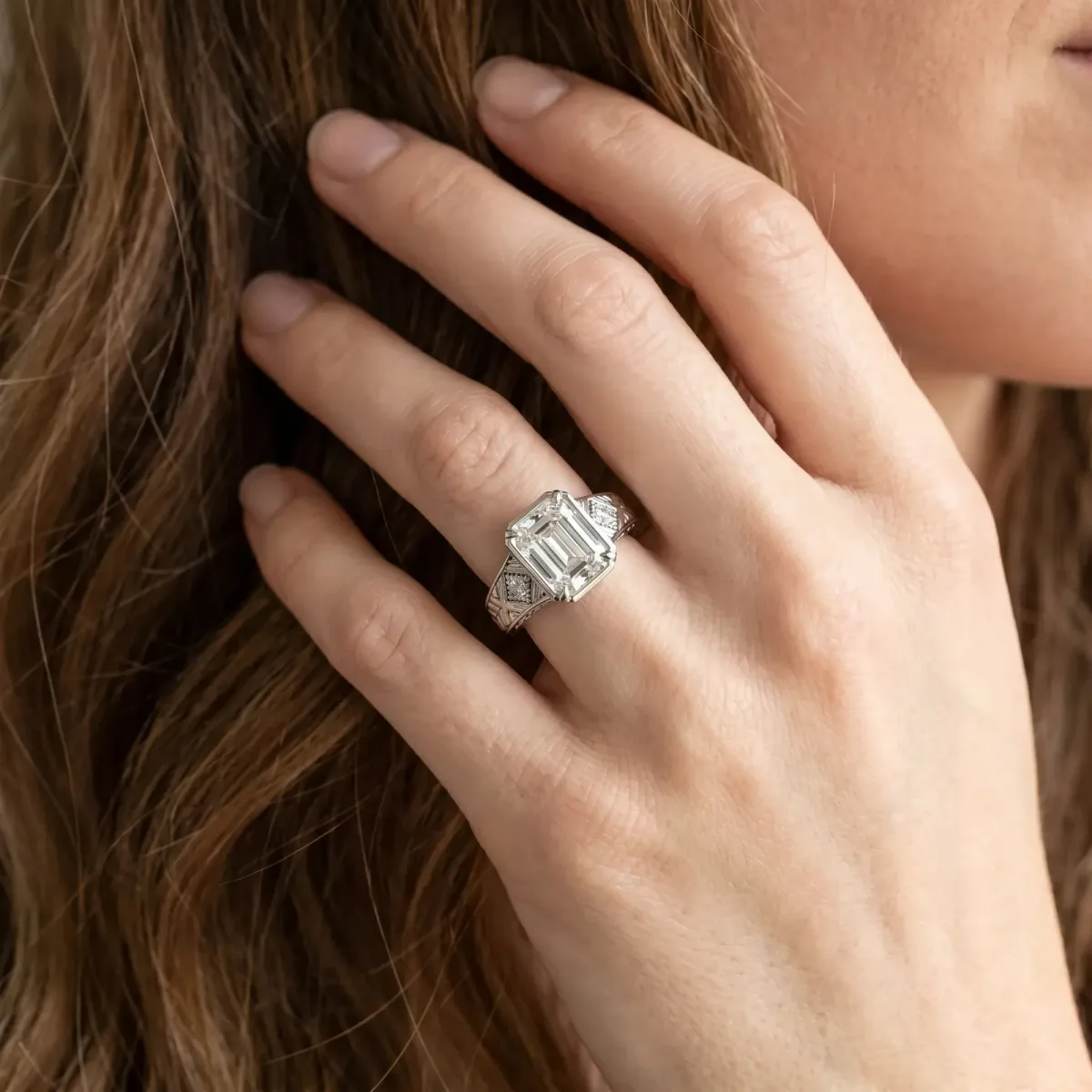 Hexagonal Bezel Emerald Cut Diamond Engraved Band Prong Ring Platinum