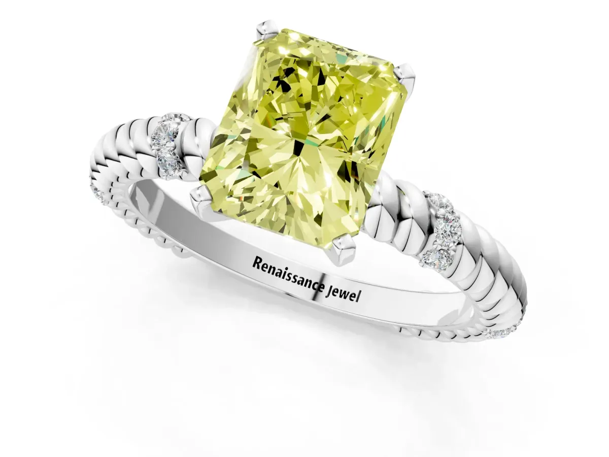 Fancy Yellow Radiant Cut Solitaire Twisted Band Prong Set Engagement Ring Silver