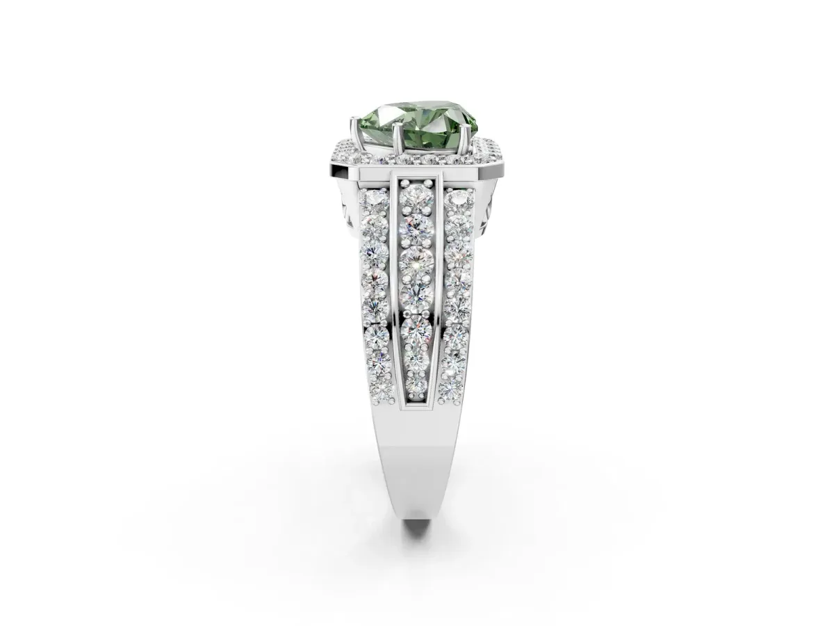 Fancy Green Heart Cut Halo Diamond Ring with Round Split Shank and Prong Setting Silver