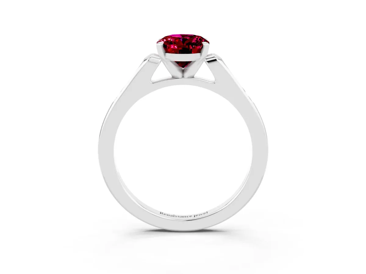 Oval Cut Garnet Solitaire Ring with Channel Set Round Band and Prong Setting Silver