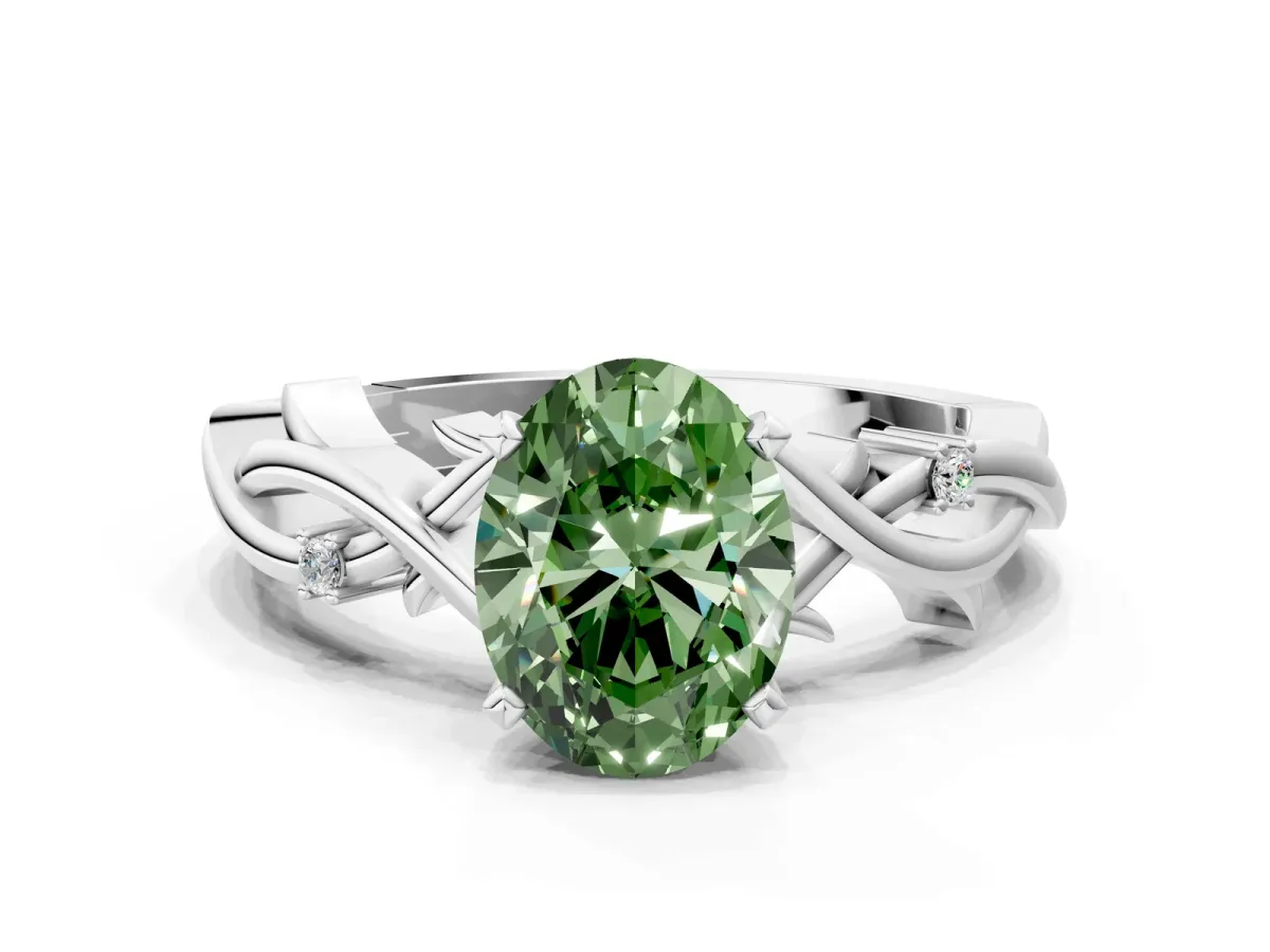 Fancy Green Oval Cut Diamond Solitaire Ring with Twisted Band and Prong Setting Platinum
