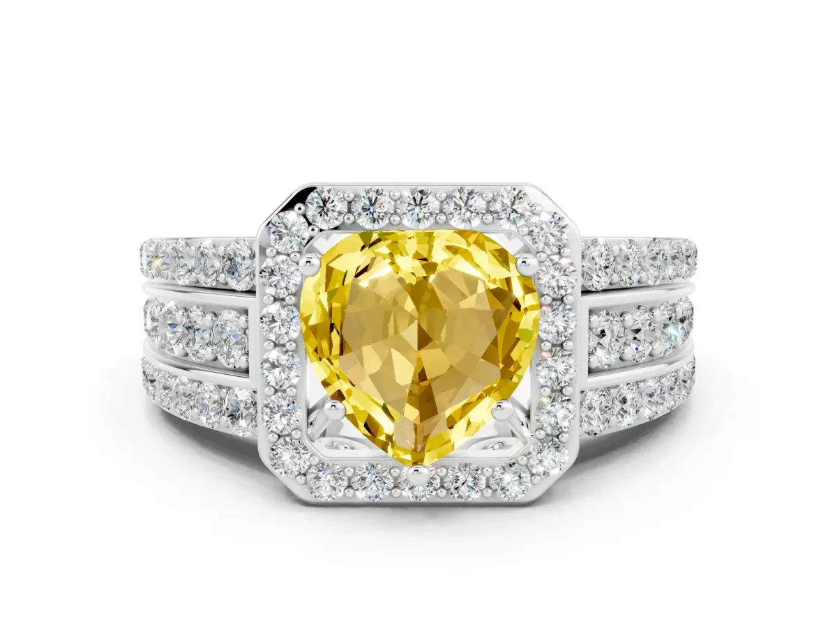Heart Cut Halo Yellow Sapphire Ring with Round Split Shank and Prong Setting Silver