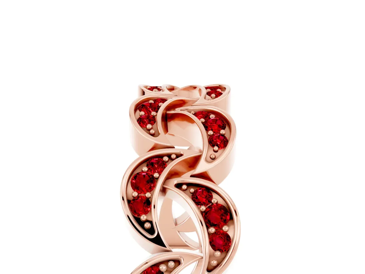 Pavé Round Ruby Interlocking Eternity Band with Bezel Prong Setting Rose gold