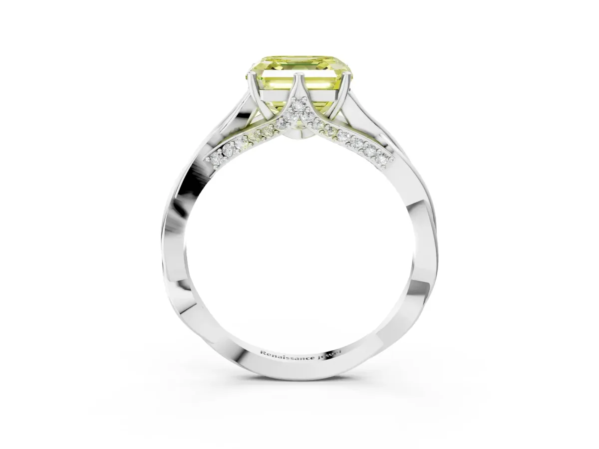Fancy Yellow Asscher Cut Solitaire Twist Band Six-Prong Setting Platinum