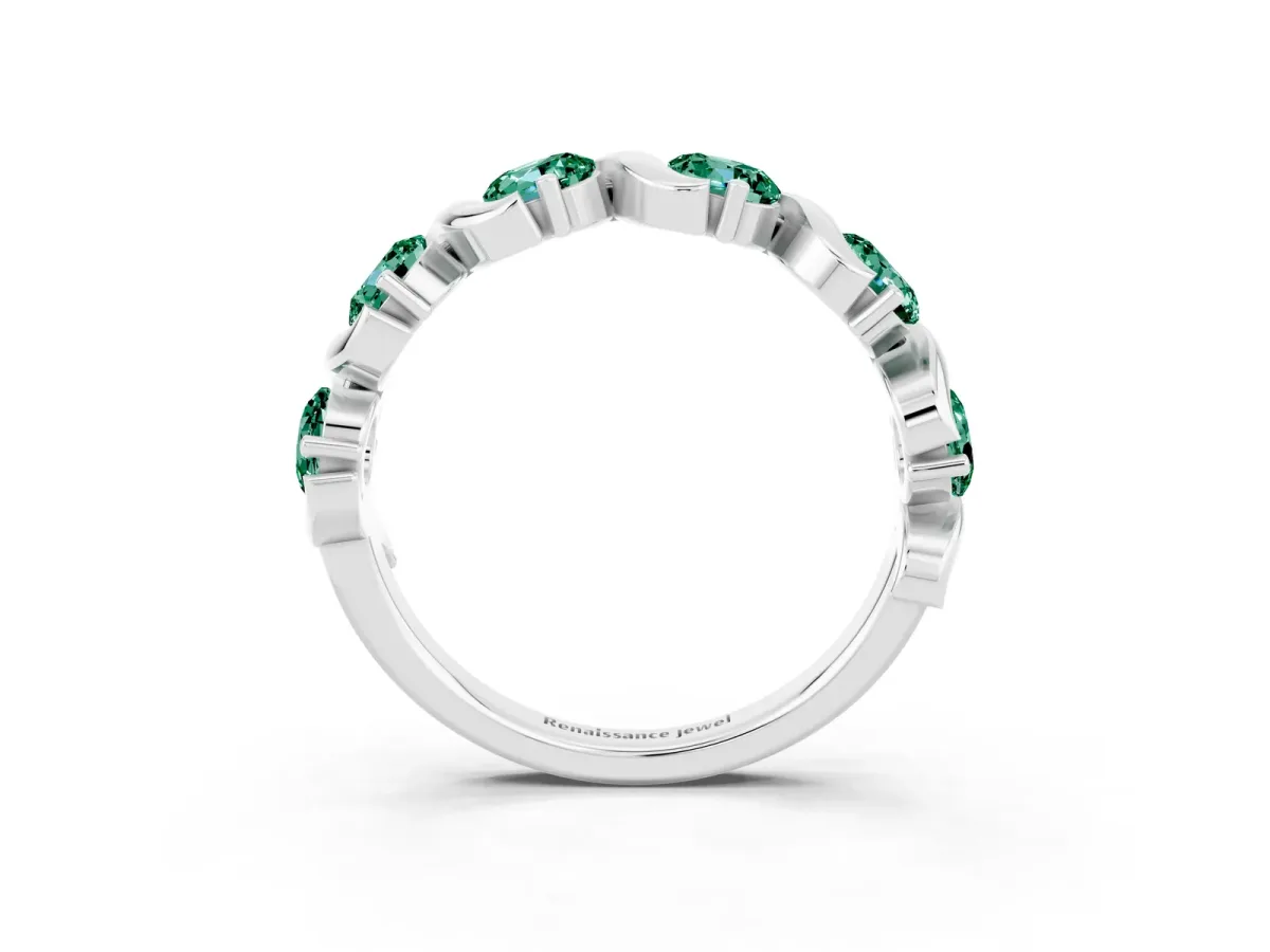 Round Green Sapphire Half Eternity Band with Wave Prong Setting White gold