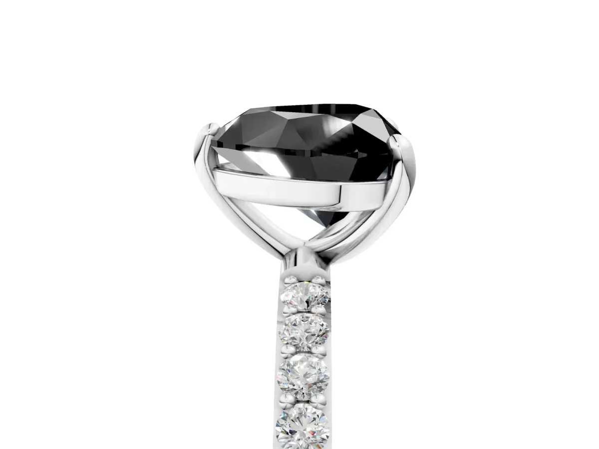 Fancy Black Heart Cut Diamond Solitaire Ring with Round Pavé Band and Prong Setting Silver