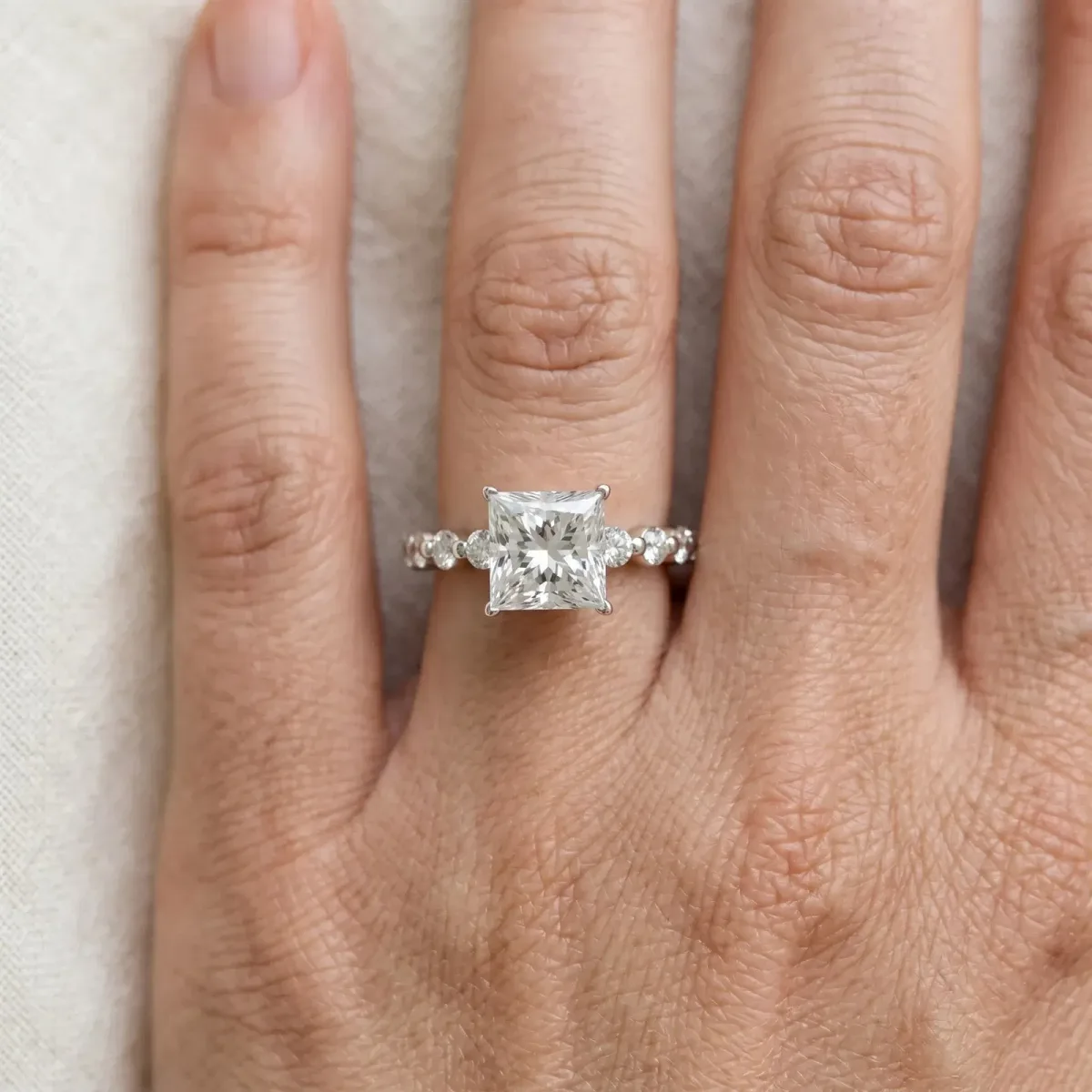 Princess Cut Solitaire Diamond Ring with Pave Band and Four-Prong Setting Platinum