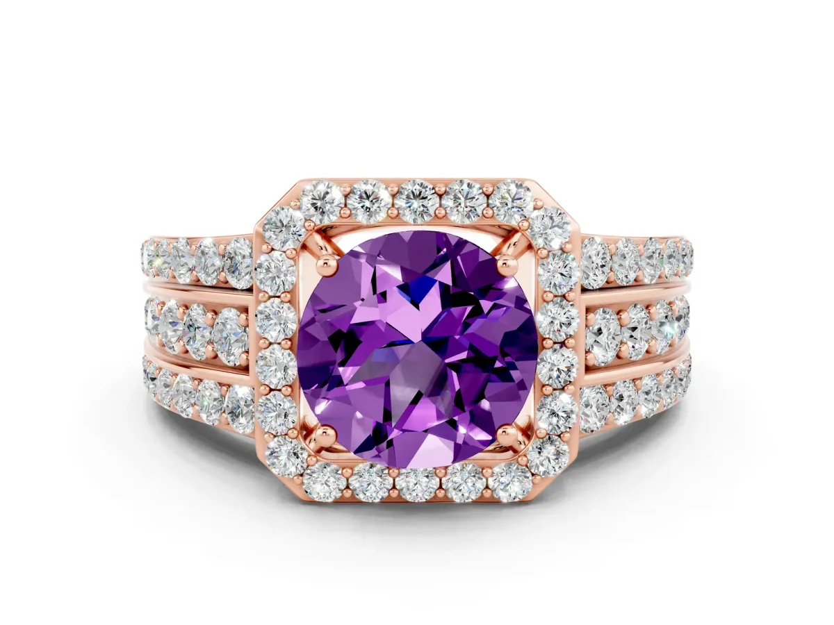 Round Cut Halo Amethyst Ring with Round Split Shank and Prong Setting Rose gold