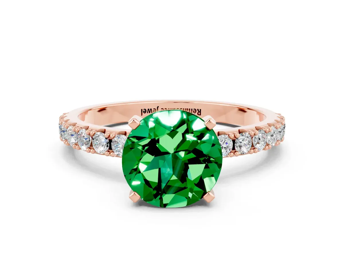 Round Cut Emerald Solitaire Pavé Band with Four-Prong Setting Rose gold