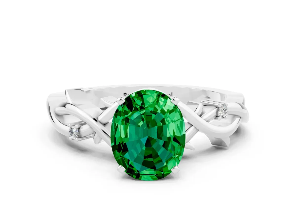Oval Cut Emerald Solitaire Ring with Twisted Band and Prong Setting Platinum