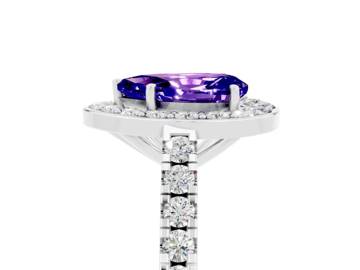 Pear Cut Tanzanite Halo Ring with Round Pavé Split Shank and Prong Setting Platinum