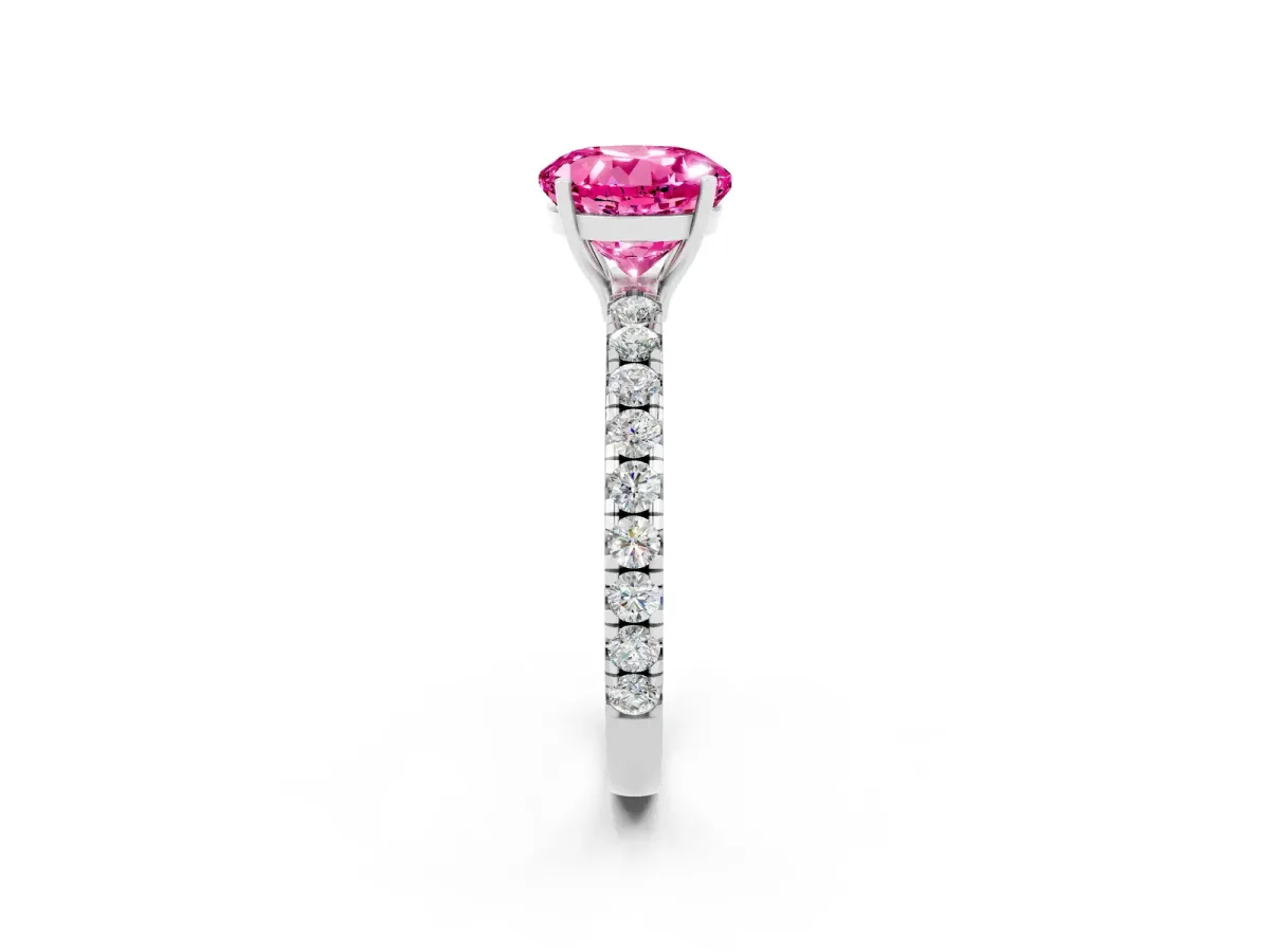 Round Cut Pink Sapphire Pavé Solitaire Engagement Ring with Four-Prong Setting Silver