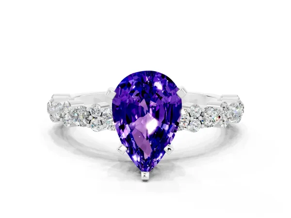 Pear Cut Tanzanite Side Stone Solitaire Ring with Round and Four-Prong Setting White gold