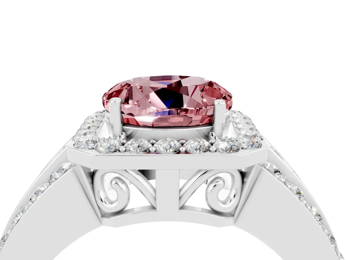Round Cut Halo Morganite Ring with Round Split Shank and Prong Setting Platinum