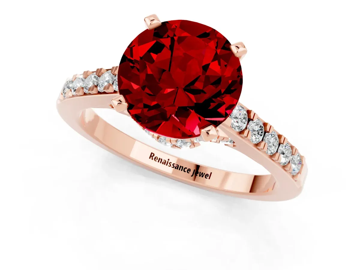 Round Cut Ruby Solitaire Ring with Crossover Gallery and Round Pavé Band Rose gold