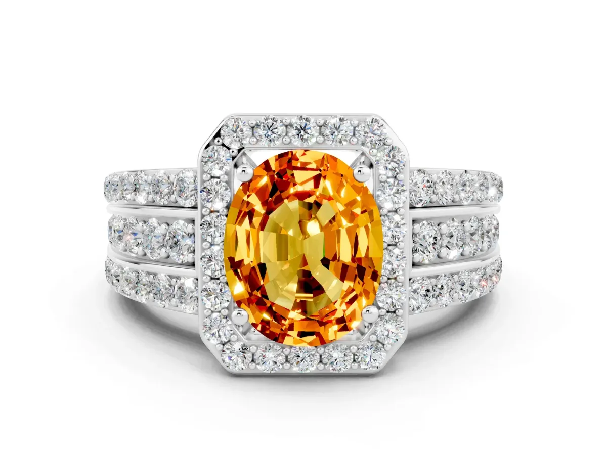 Oval Cut Halo Citrine Ring with Round Split Shank and Prong Setting Silver