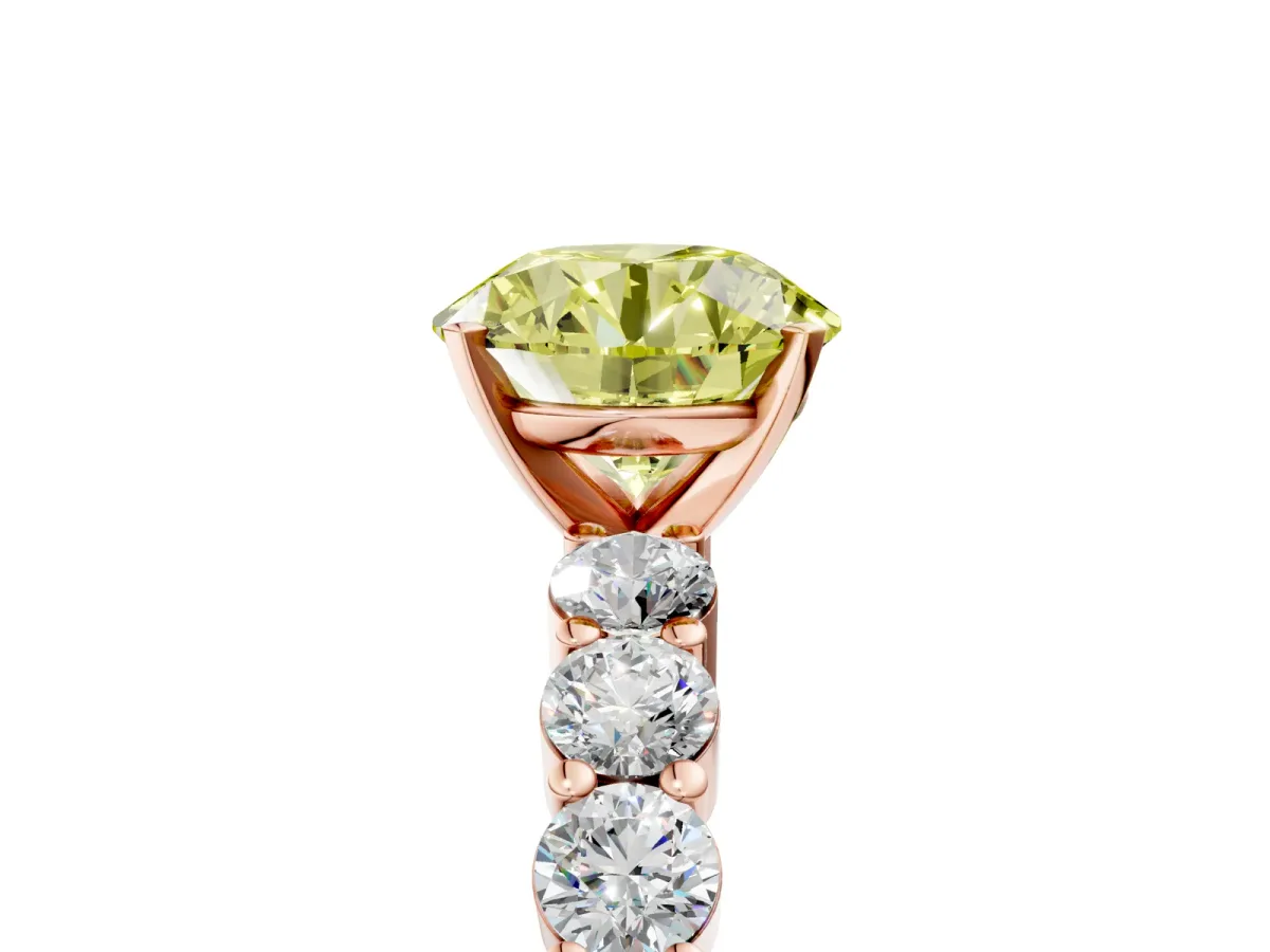 Fancy Yellow Round Cut Diamond Solitaire Ring with Shared Prong Round Side Stones Rose gold