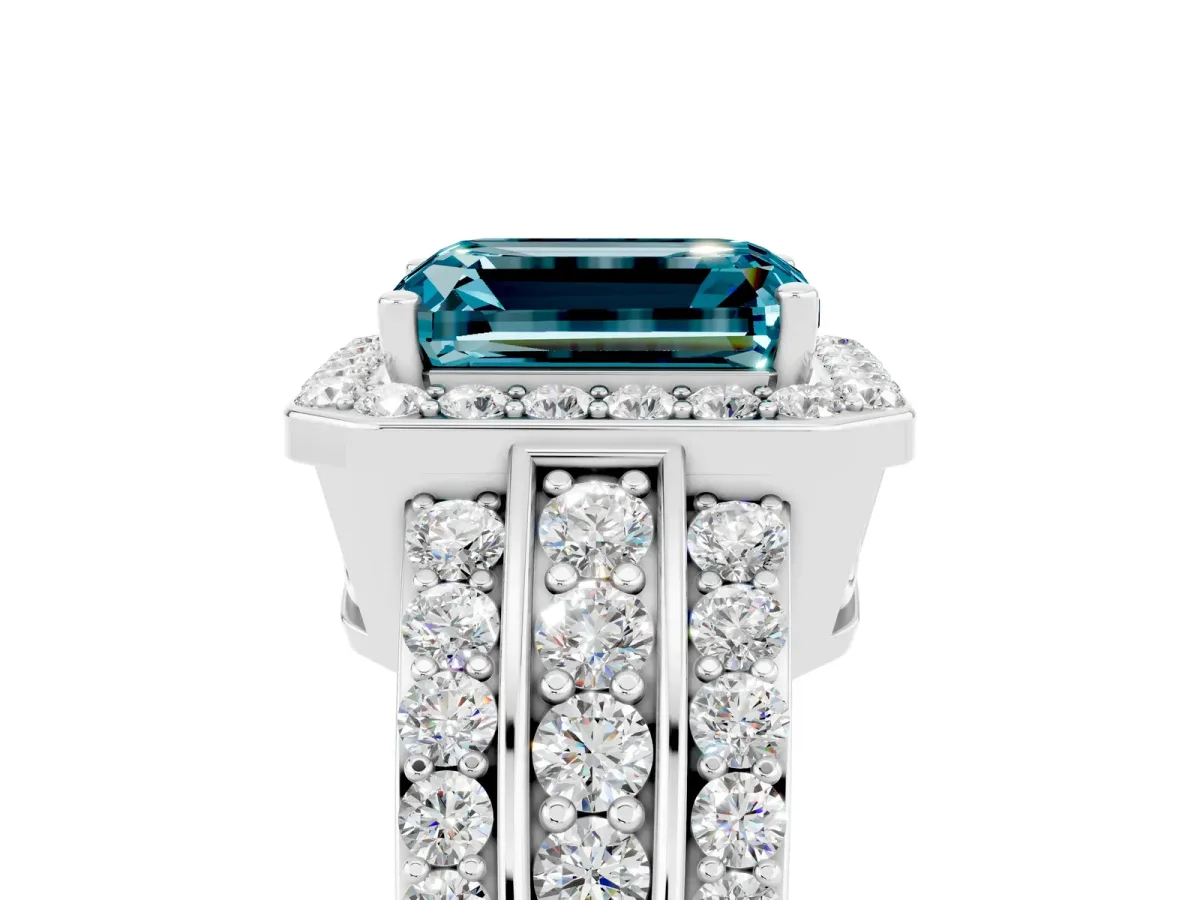 Emerald Cut Halo Blue Topaz Ring with Round Split Shank and Prong Setting White gold