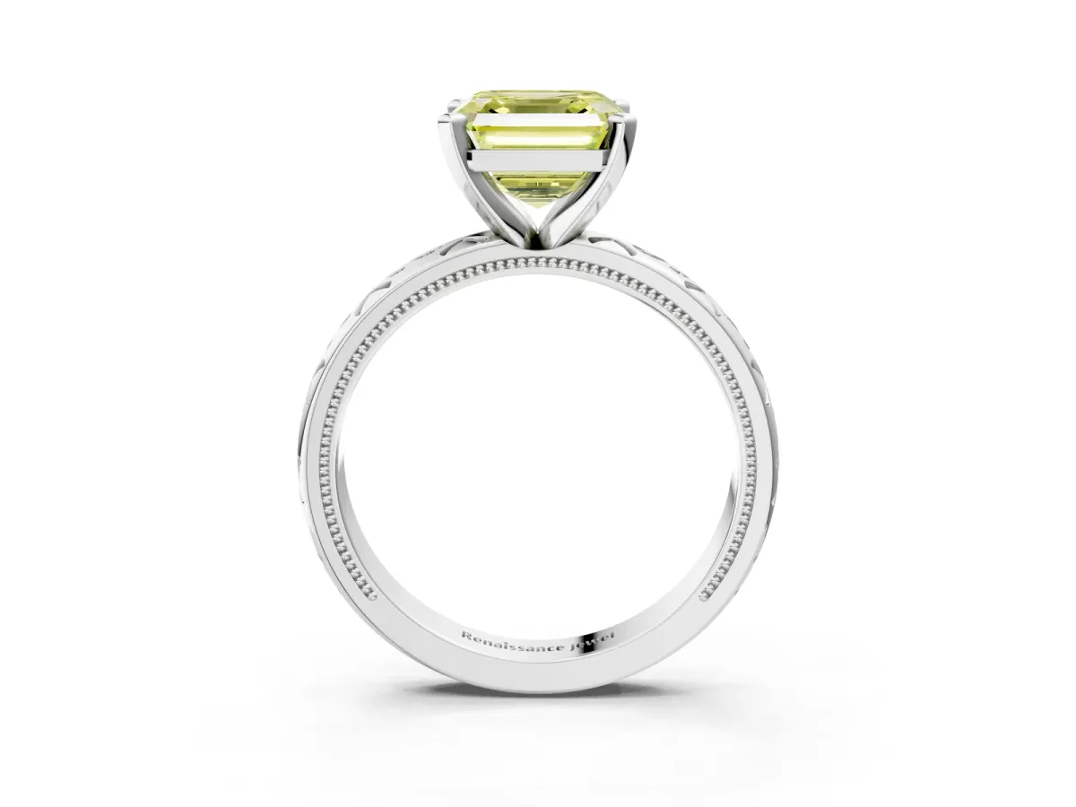 Fancy Yellow Asscher Cut Solitaire Engagement Ring with Scrollwork Band and Four-Prong Setting Platinum