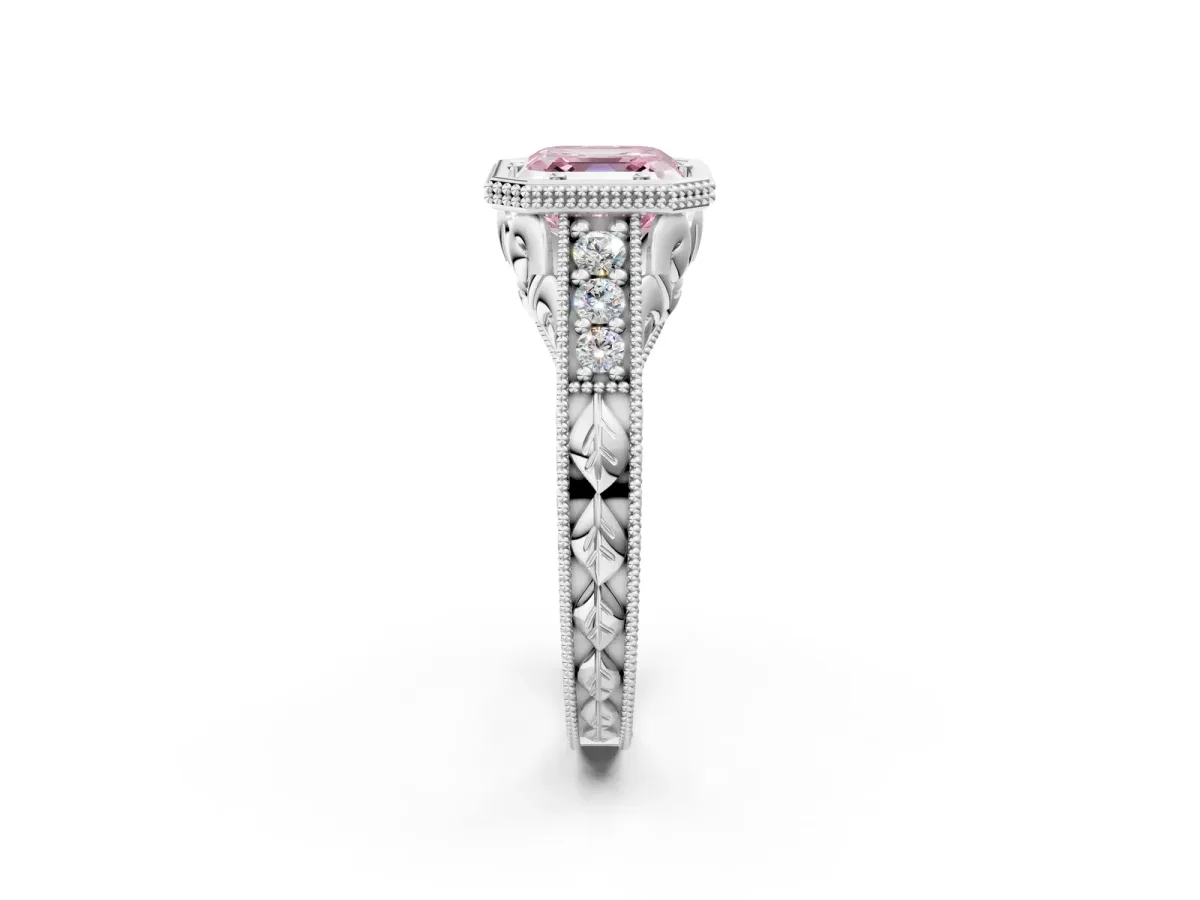Fancy Pink Bezel Set Asscher Cut Diamond Milgrain Pave Engagement Ring Platinum
