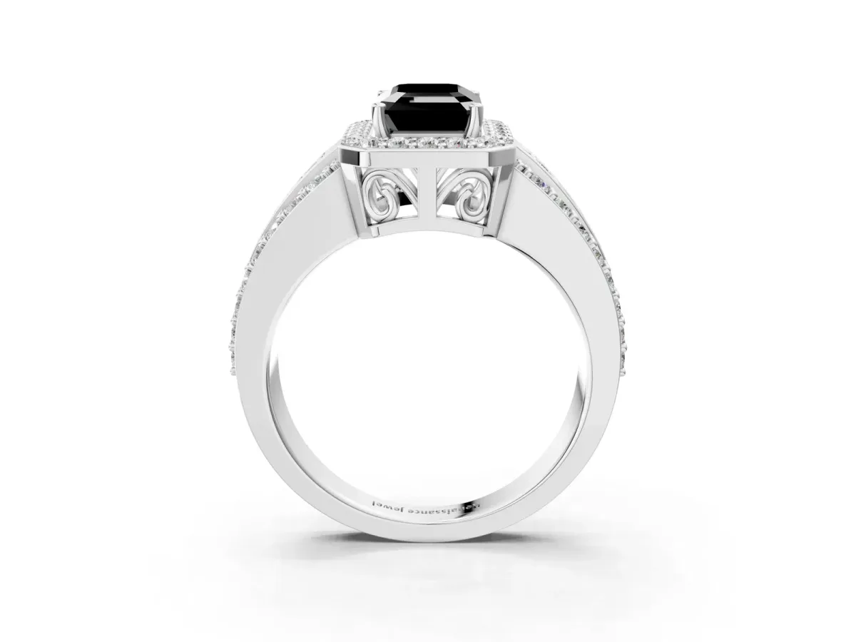 Fancy Black Emerald Cut Halo Diamond Ring with Round Split Shank and Prong Setting Platinum