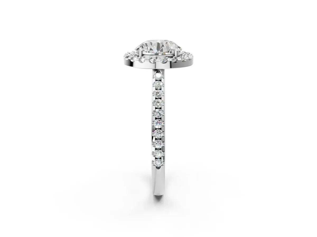 Round Cut Diamond Pavé Halo Ring with Four-Prong Setting White gold