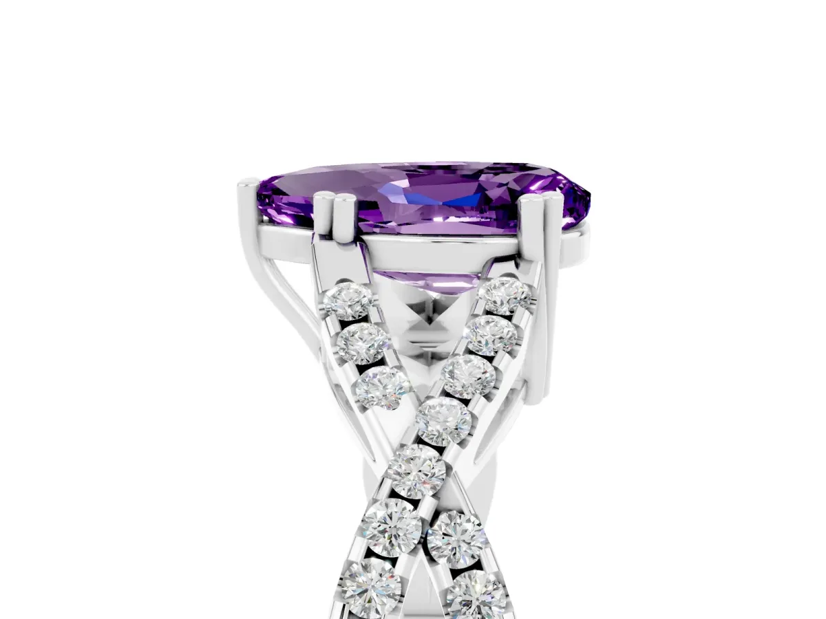Pear Cut Amethyst Solitaire Ring with Four-Prong Setting and Twisted Pavé Band Platinum