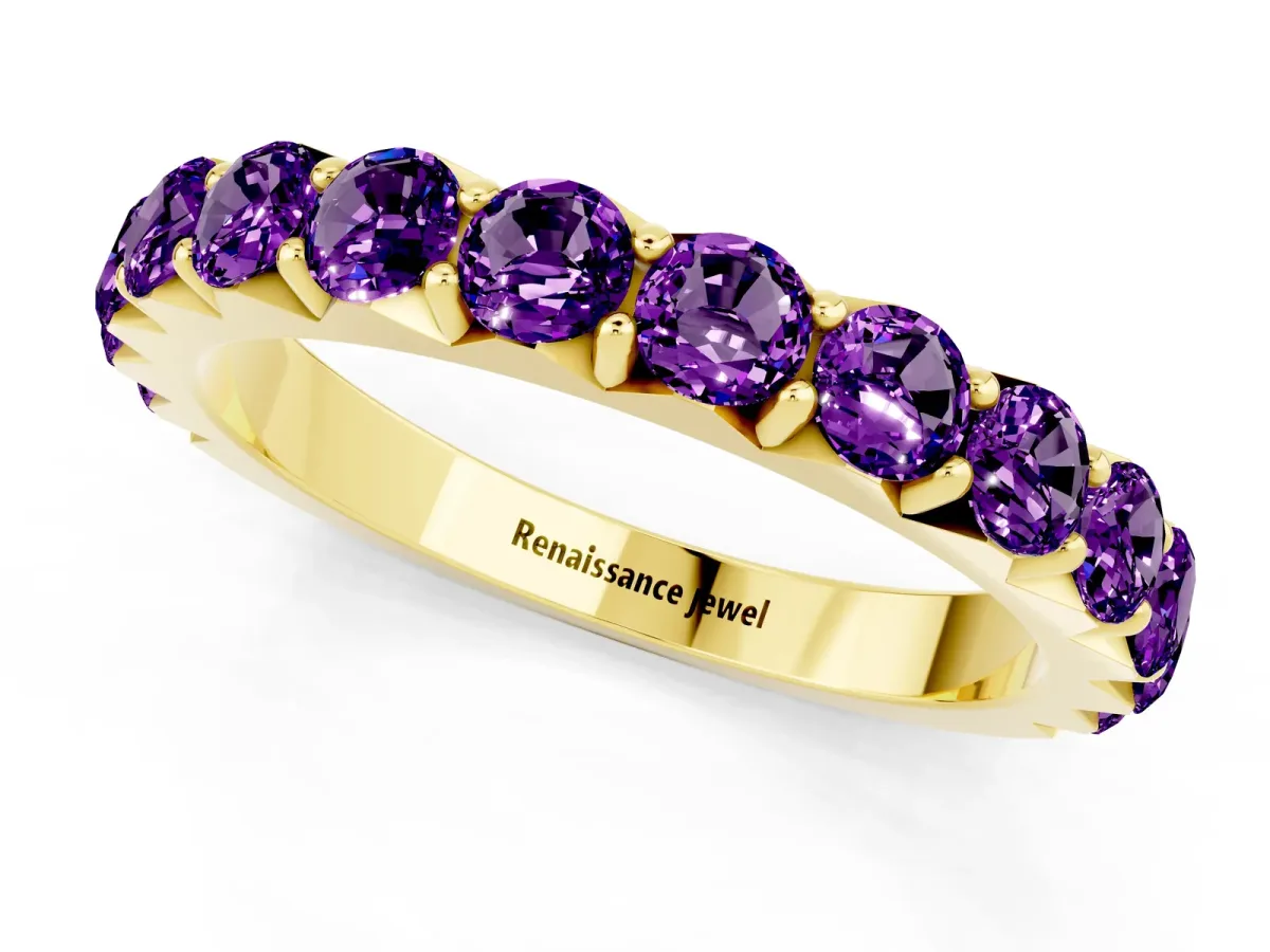 Round Amethyst Half Eternity Band with Classic Prong Setting Yellow gold
