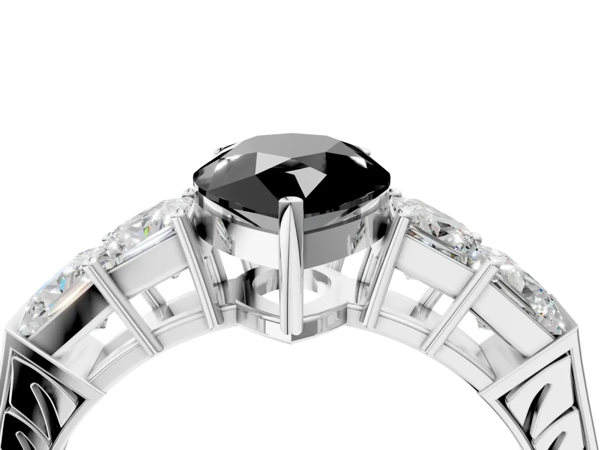 Fancy Black Pear Cut Solitaire Princess Side Stone Engraved Band Prong Setting Ring Platinum