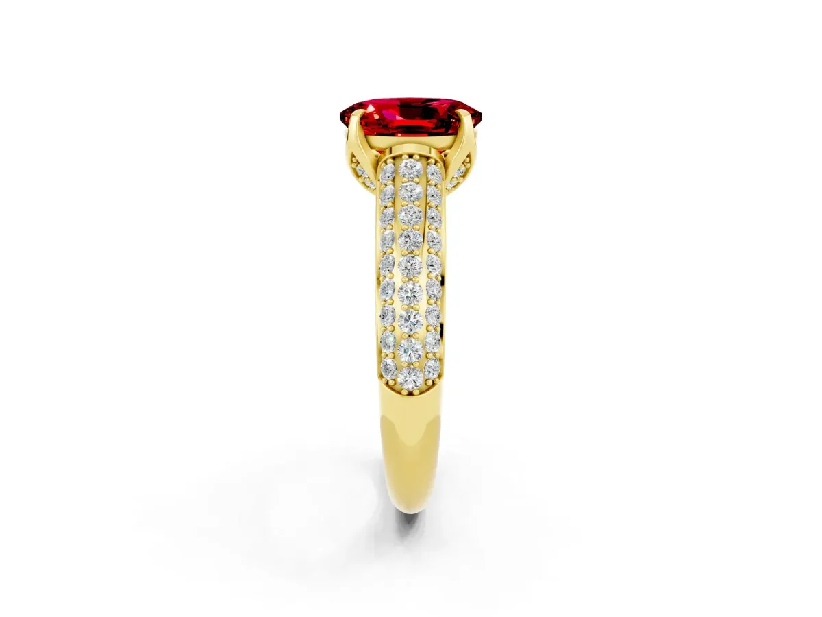 Oval Cut Ruby Solitaire Ring with Three-Row Pavé Band and Four-Prong Setting Yellow gold