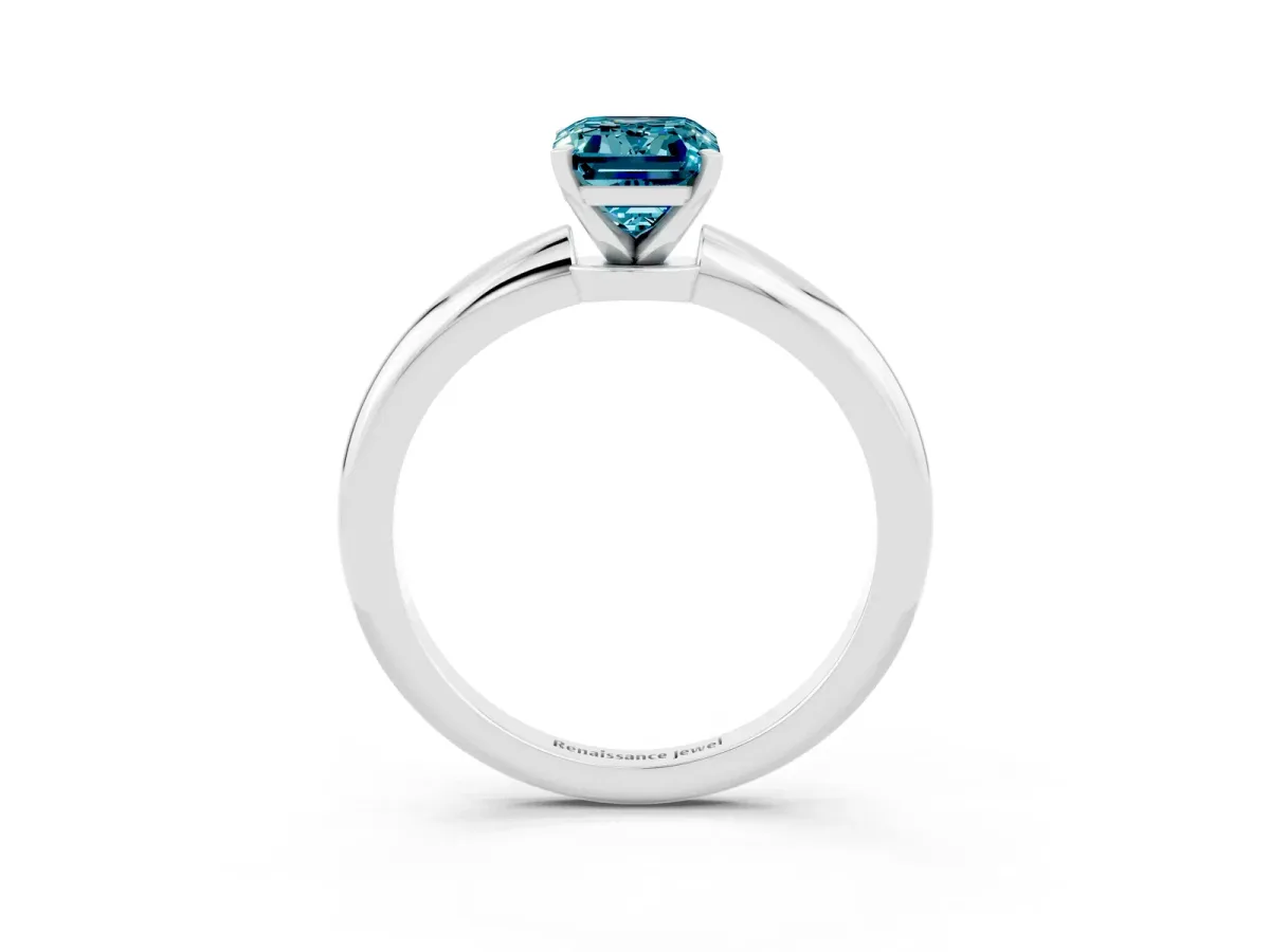 Emerald Cut Blue Topaz Solitaire Ring with Six-Prong Setting and Classic Band Platinum