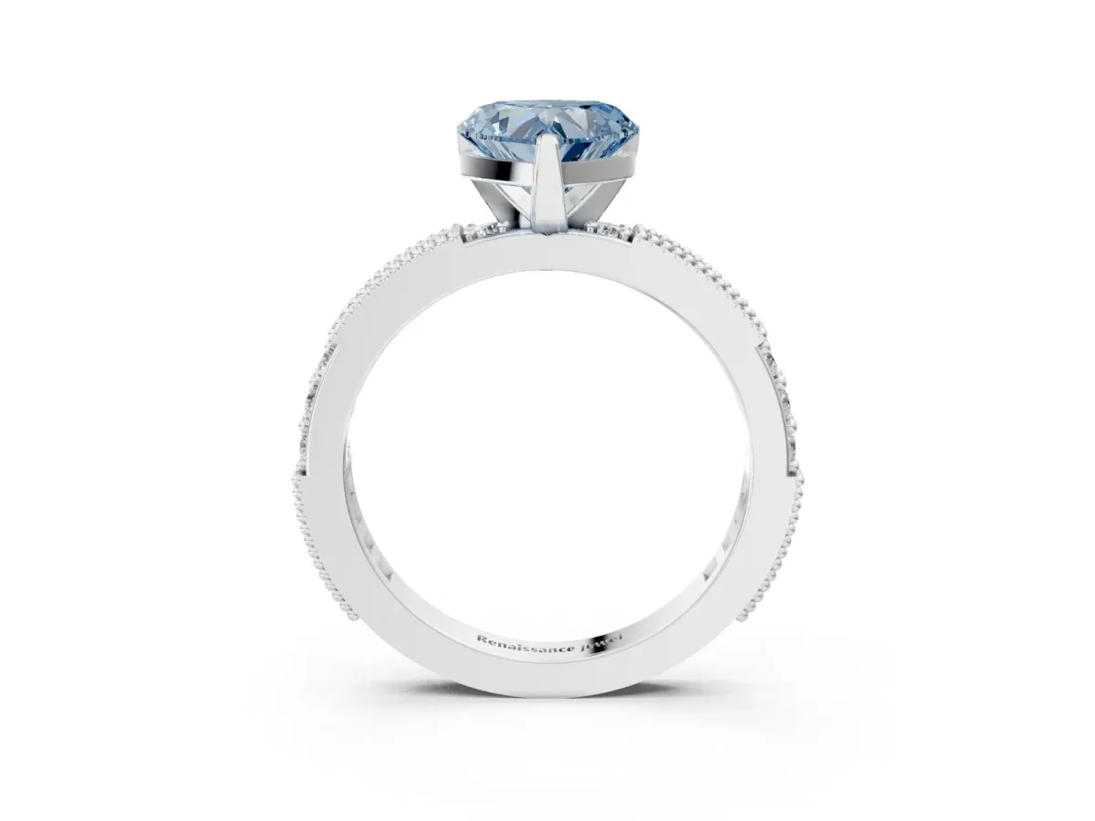 Fancy Blue Heart Cut Solitaire with Pavé Band and Four-Prong Setting Silver