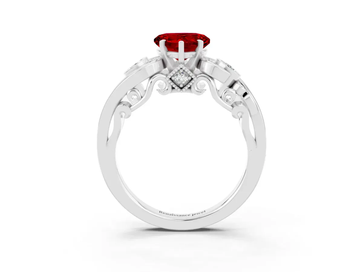 Heart Cut Ruby Solitaire Ring with Milgrain Pavé Band and Four-Prong Setting Silver