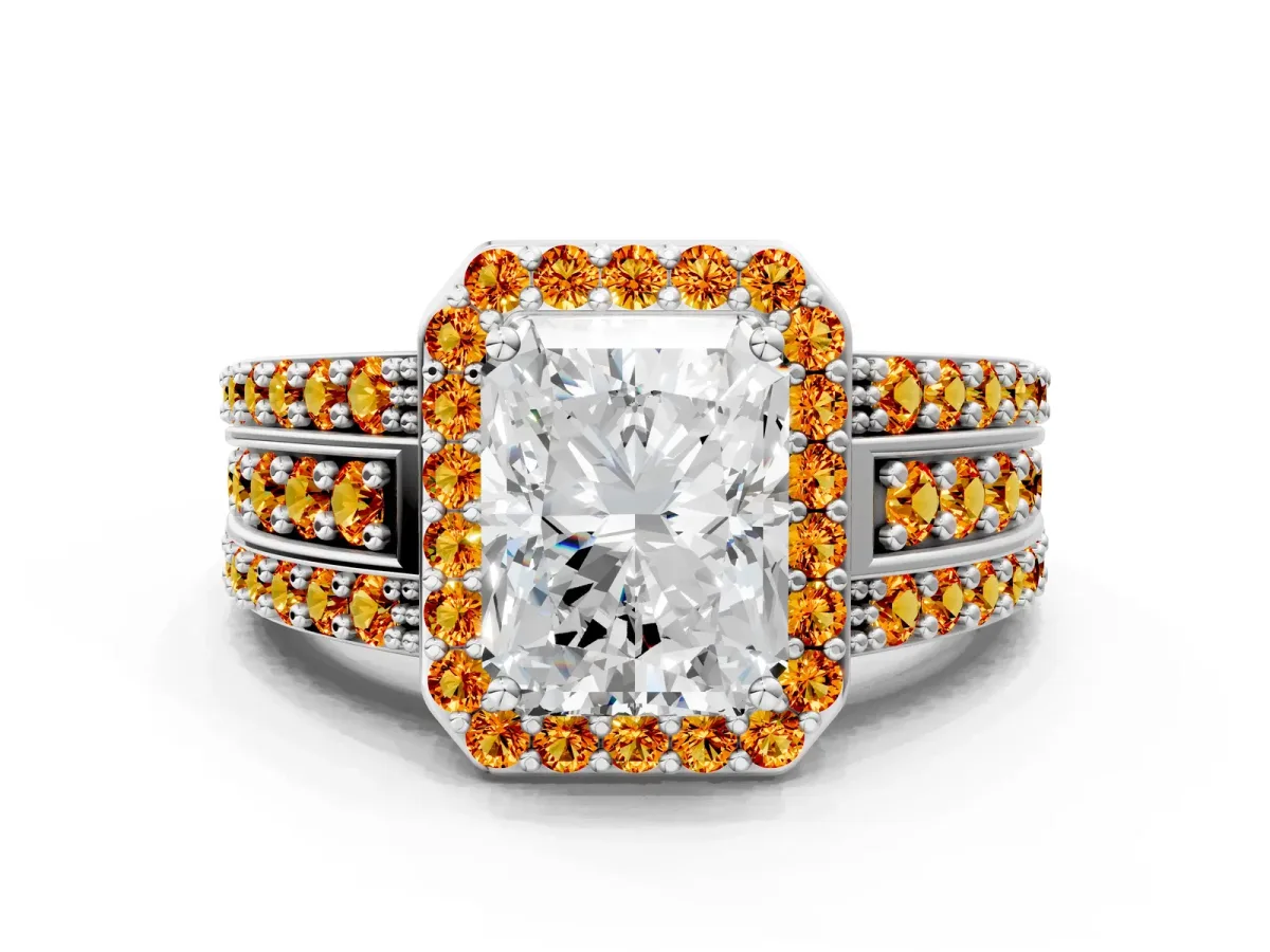 Radiant Cut Halo Diamond Ring with Round Citrine Split Shank and Prong Setting Silver