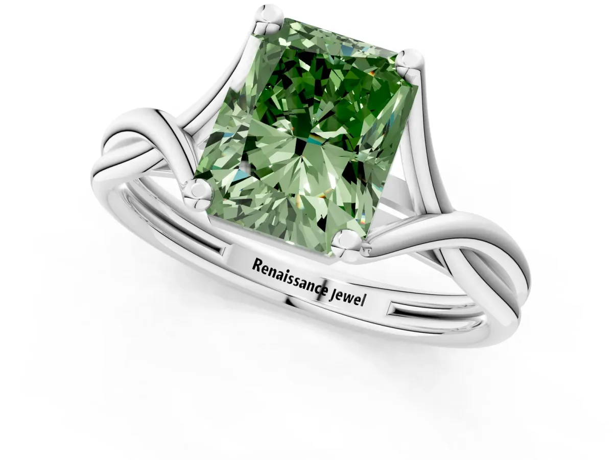 Fancy Green Radiant Cut Diamond Solitaire Twist Band Prong Setting Ring Platinum